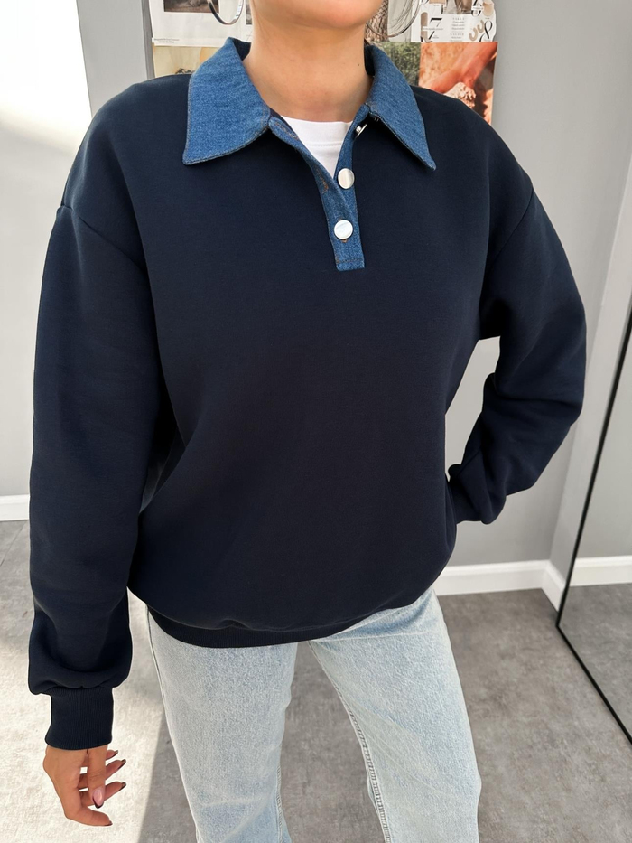 Lacivert Kot Yakalı Şardonlu Sweat