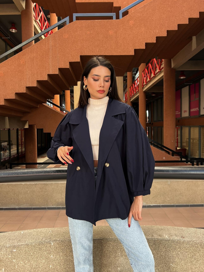 Lacivert  Oversize Kısa Trench