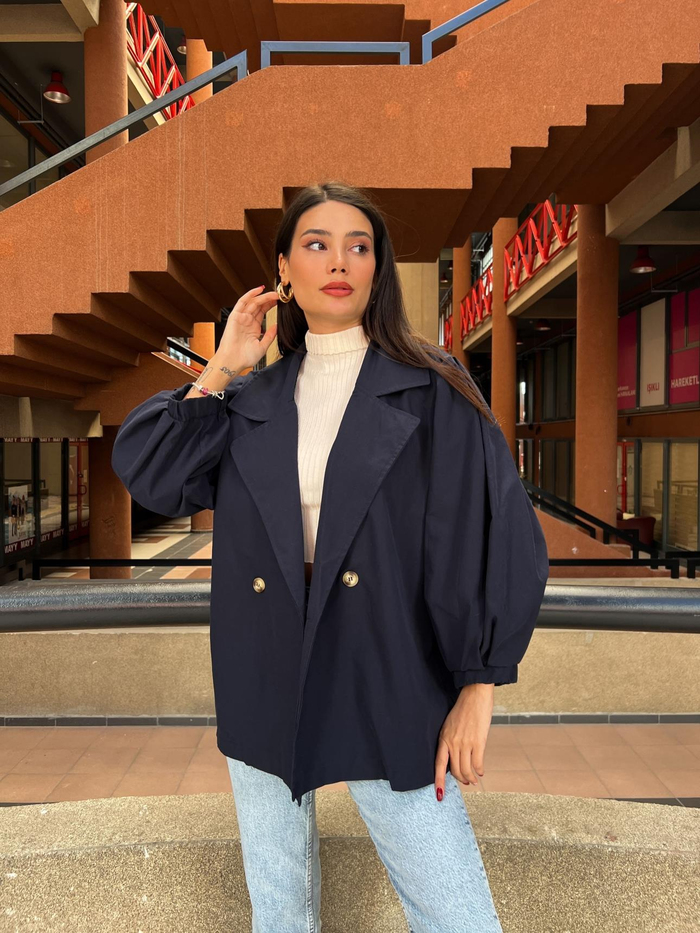 Lacivert  Oversize Kısa Trench