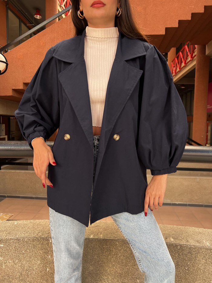 Lacivert  Oversize Kısa Trench