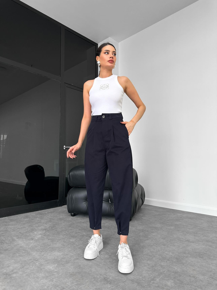 Lacivert Paça Çıtlı Gabardin Pantolon