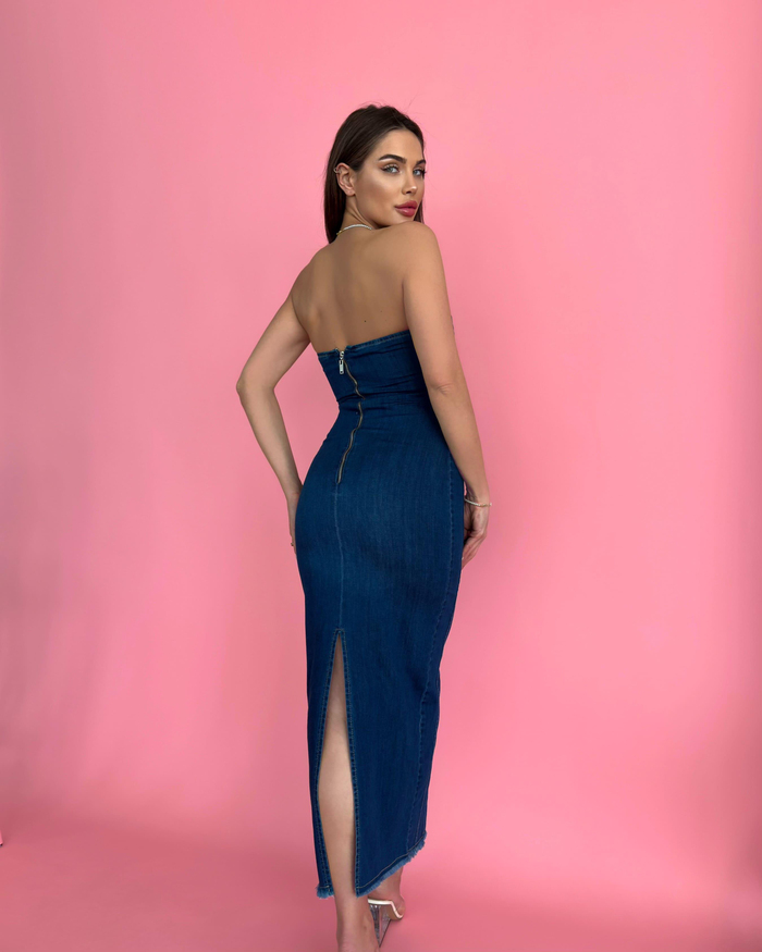 Lacivert Straplez Denim Elbise