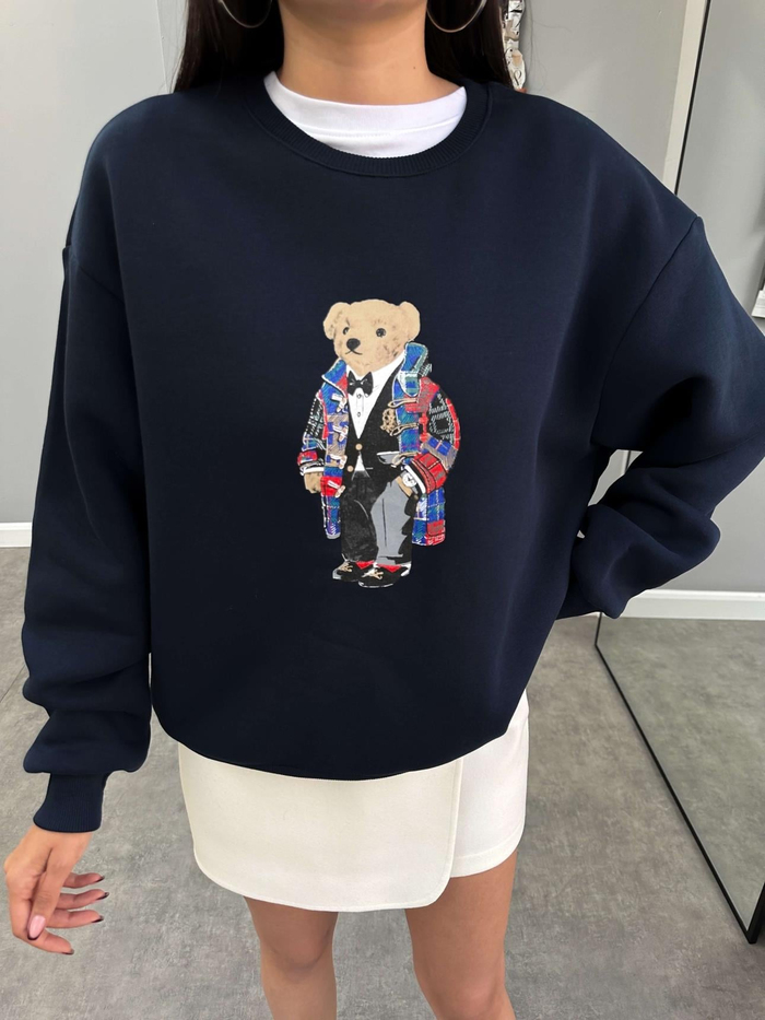 Lacivert Teddy Bear Baskılı Sweat