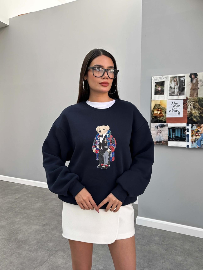 Lacivert Teddy Bear Baskılı Sweat