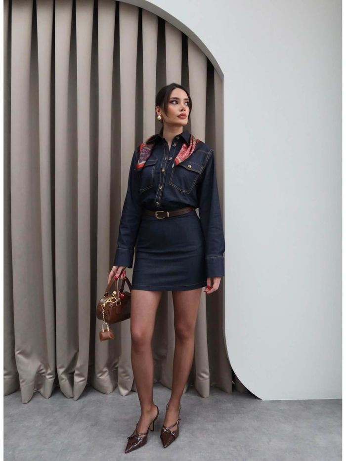 Lacivert Tensel Denim Mini Etek