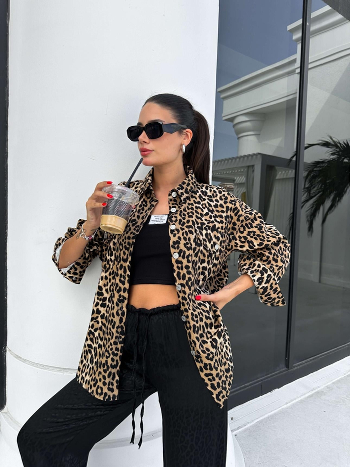 Leopar Desenli Denim Gömlek