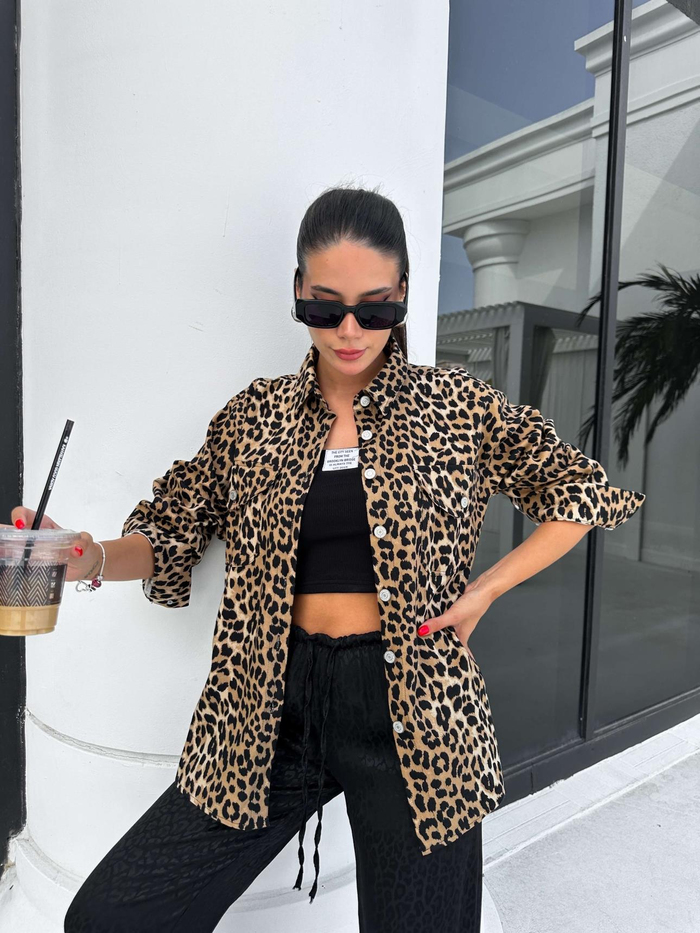 Leopar Desenli Denim Gömlek