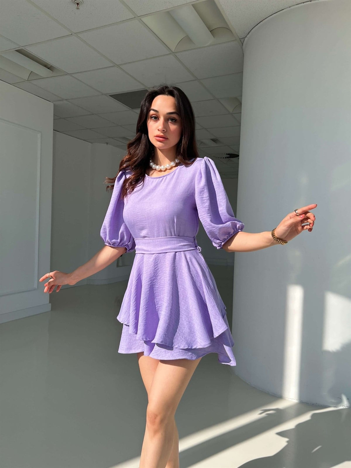 Lila Eteği Şortlu Mini Elbise