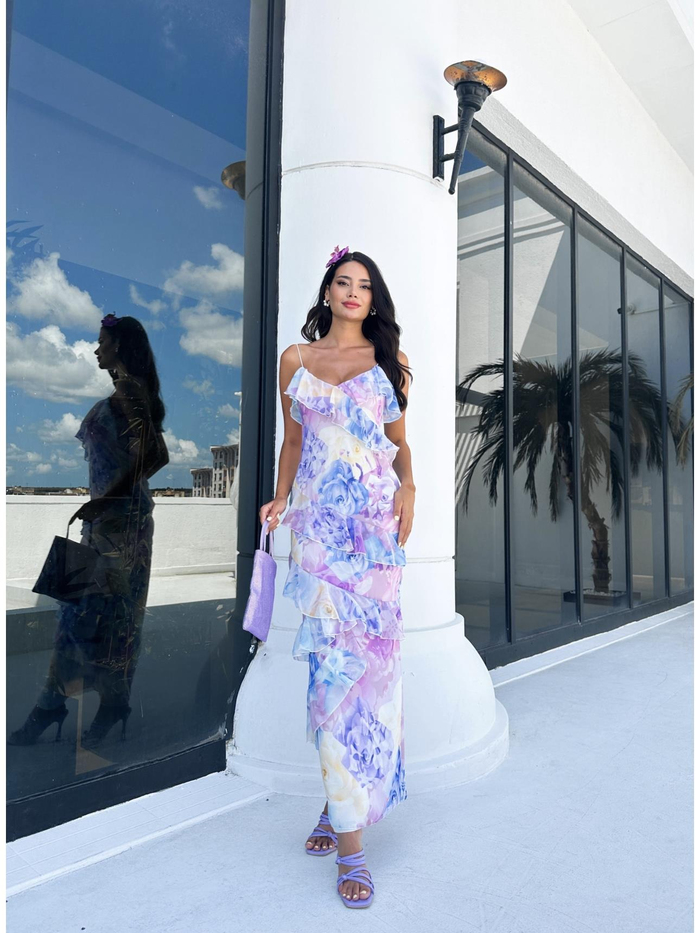 Lila Floral Asimetrik Ruffled Elbise