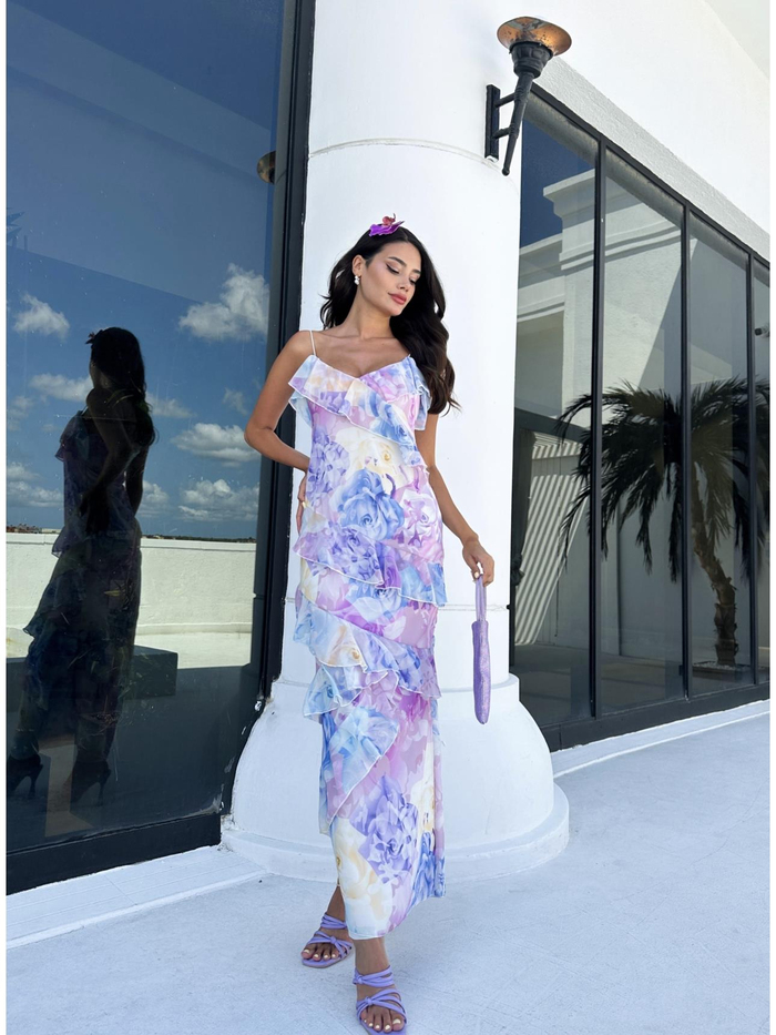 Lila Floral Asimetrik Ruffled Elbise