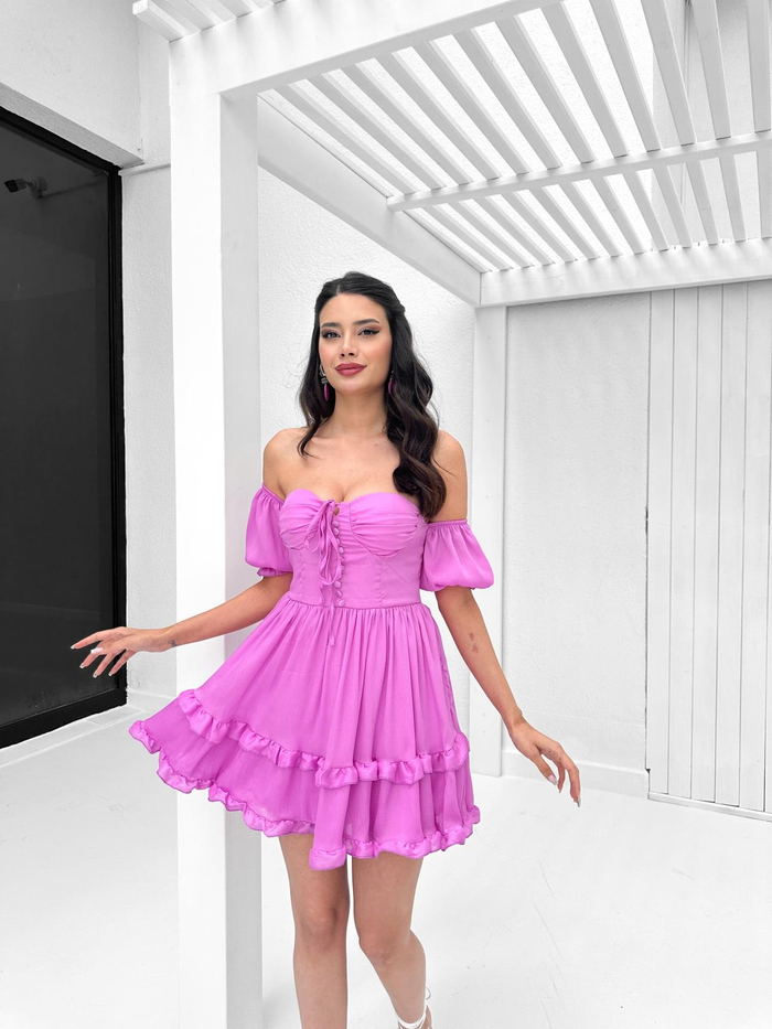 Lila Straplez Fırfırlı Mini Elbise