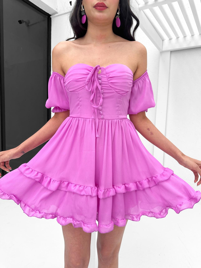 Lila Straplez Fırfırlı Mini Elbise