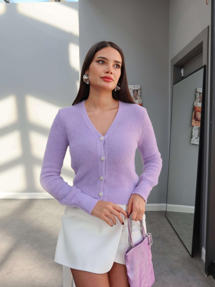 Lila Taş Düğmeli Peluş Hırka