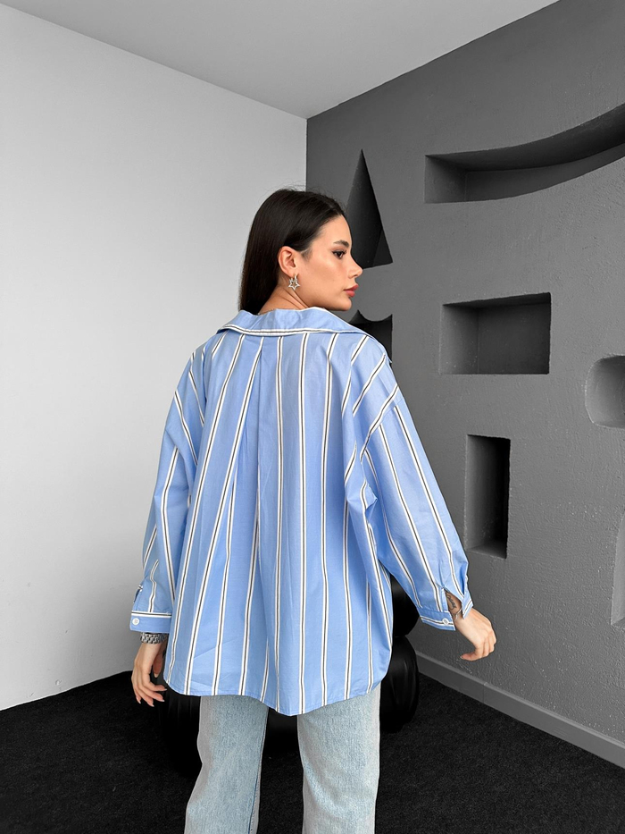 Mavi Cep Detay Çizgili Oversize Gömlek