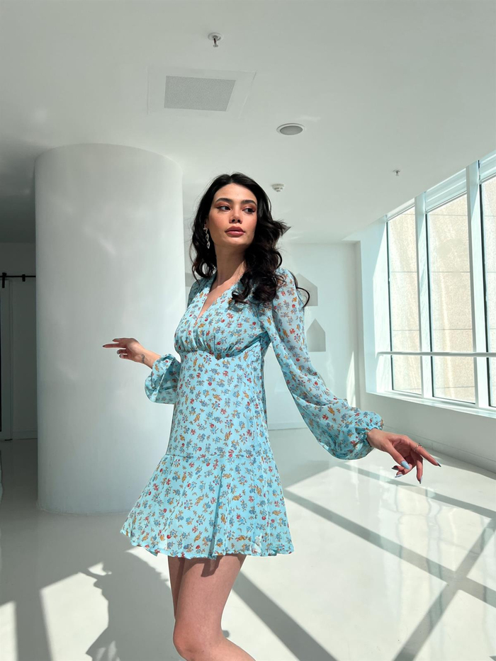 Mavi Çiçekli Şifon Mini Elbise