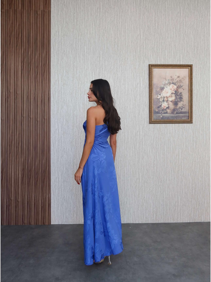 Mavi Desenli Tek Kol Elbise