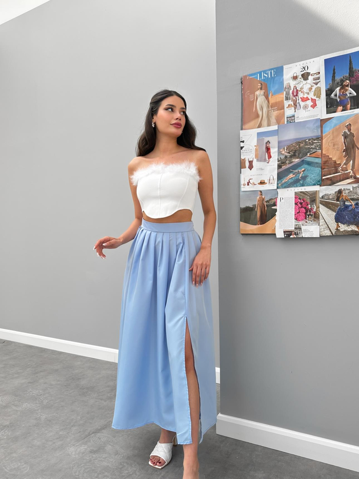 Mavi Pilili Bel Bantlı Etek