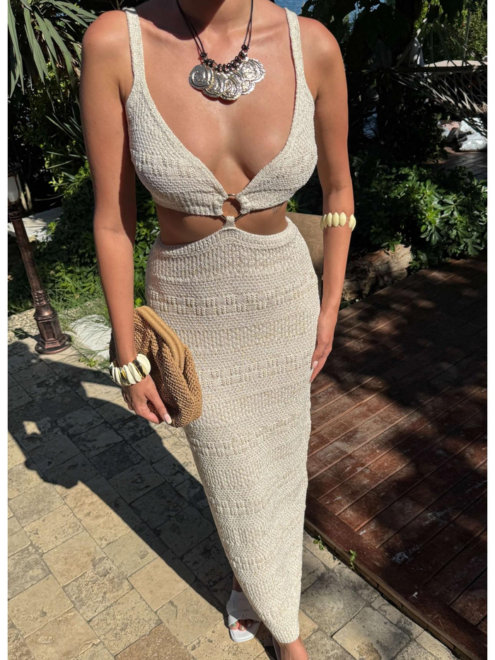 Merserize Bel Dekolteli Plaj Elbise