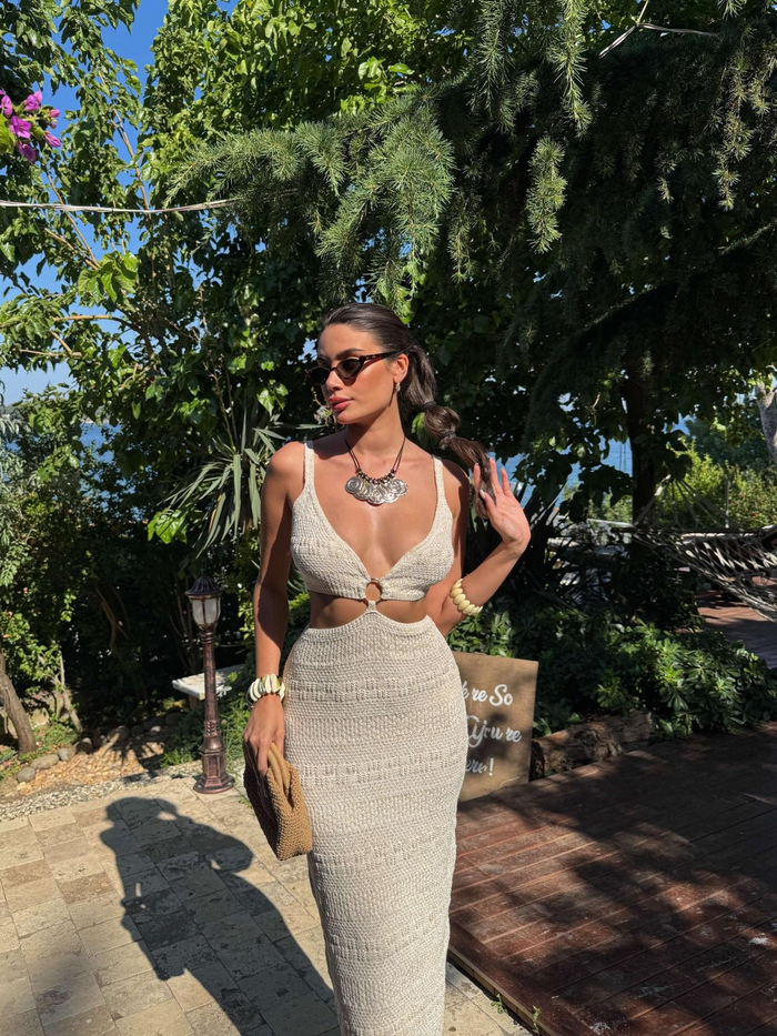 Merserize Bel Dekolteli Plaj Elbise