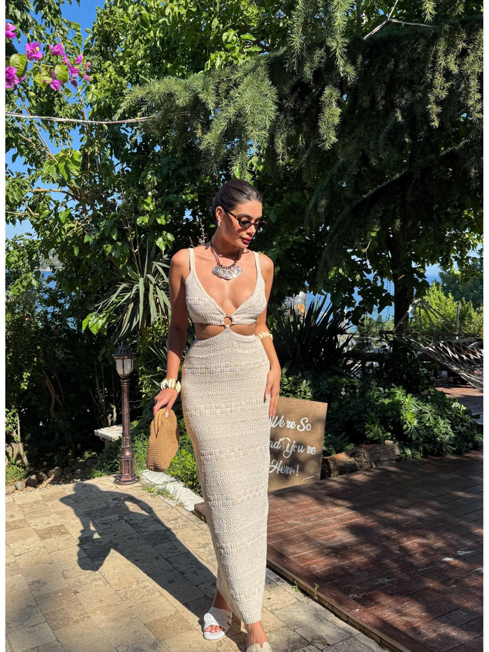 Merserize Bel Dekolteli Plaj Elbise