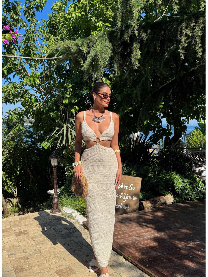 Merserize Bel Dekolteli Plaj Elbise