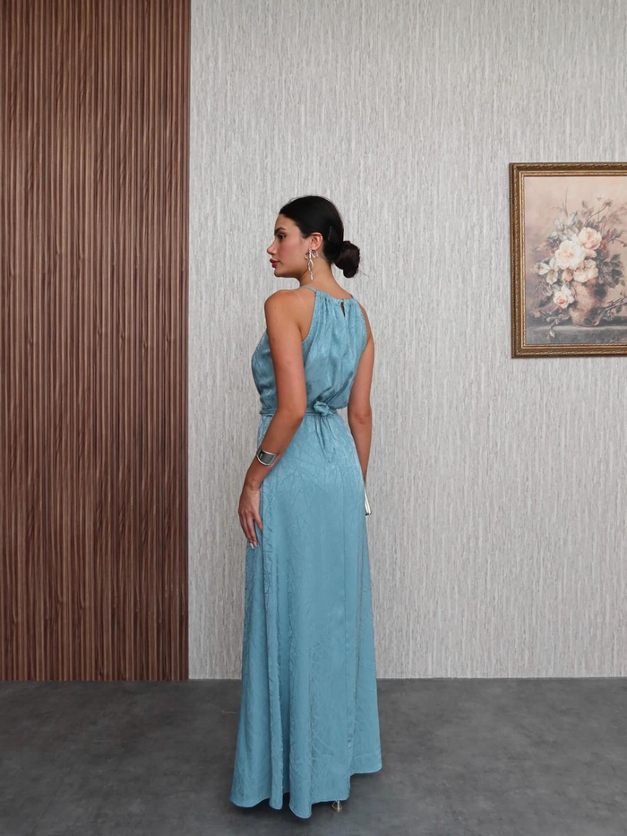 Mint Bel Bağlamalı Yırtmaçlı Elbise