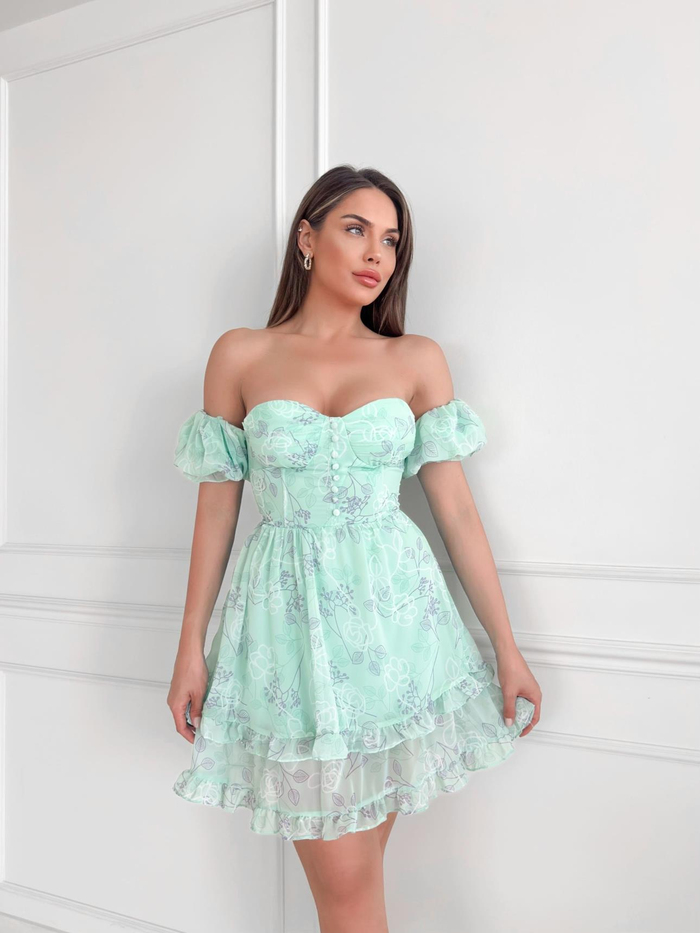 Mint Yeşili Dekolteli Fırfırlı Elbise