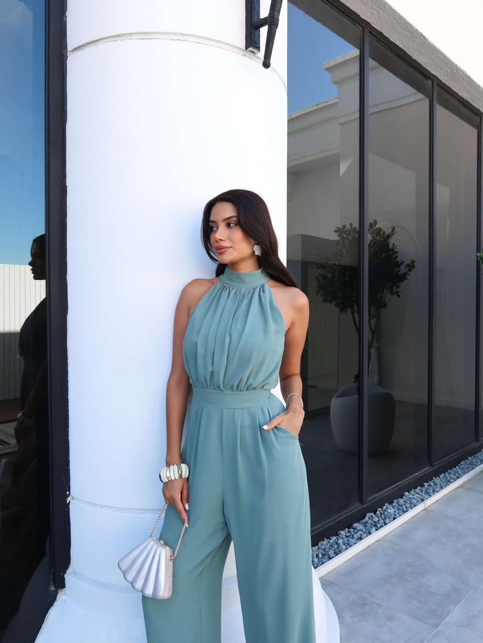 Mint Yeşili Halter Yaka Uzun Tulum