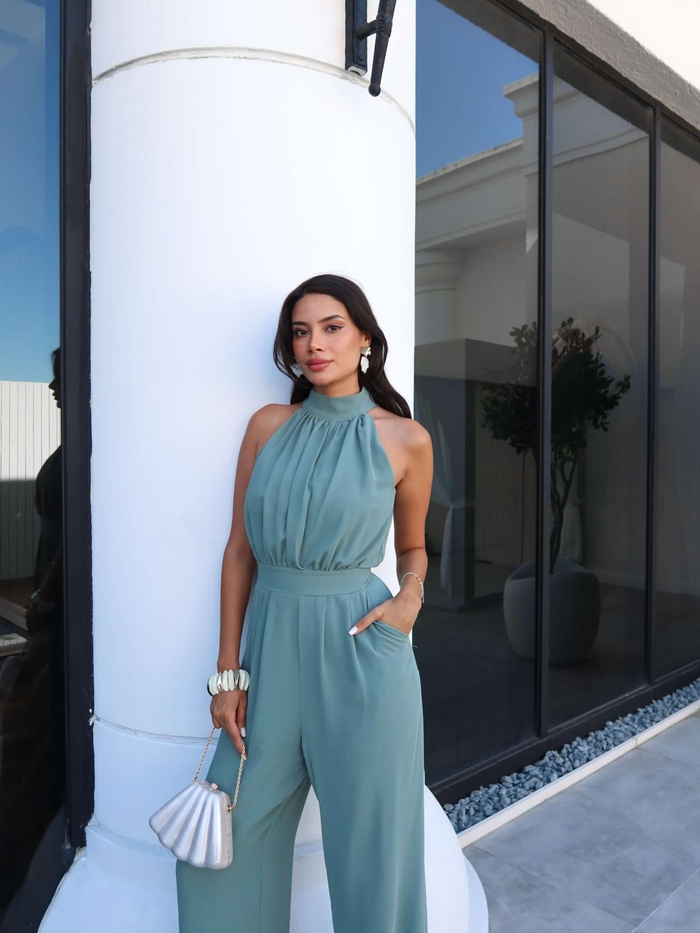 Mint Yeşili Halter Yaka Uzun Tulum