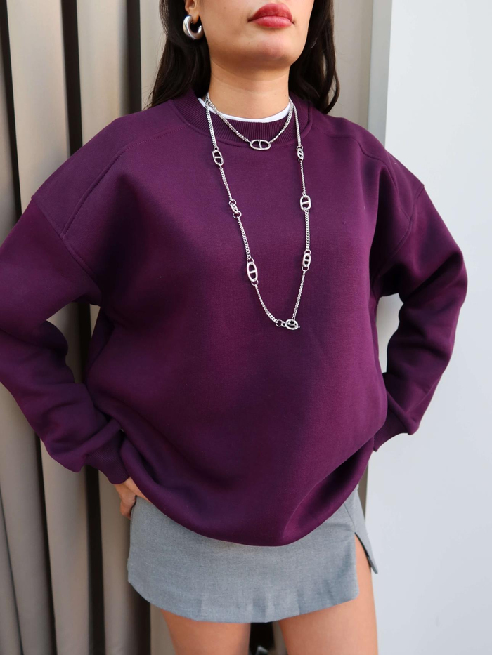 Mor Oversize Şardonlu Sweatshirt