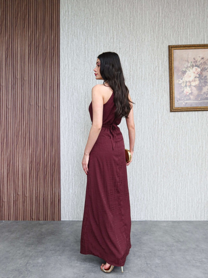 Mürdüm Bel Bağlamalı Yırtmaçlı Elbise