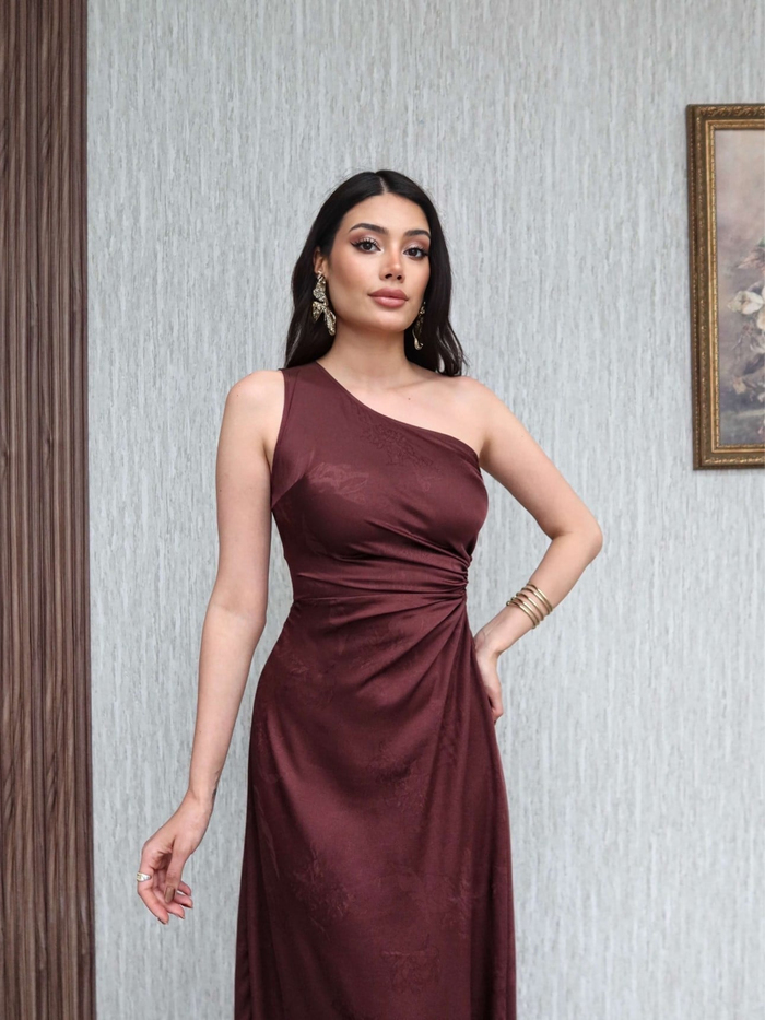 Mürdüm Desenli Tek Kol Elbise