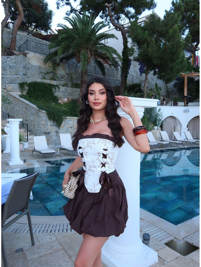Nakışlı Balon Etek Korse Bluz Takım
