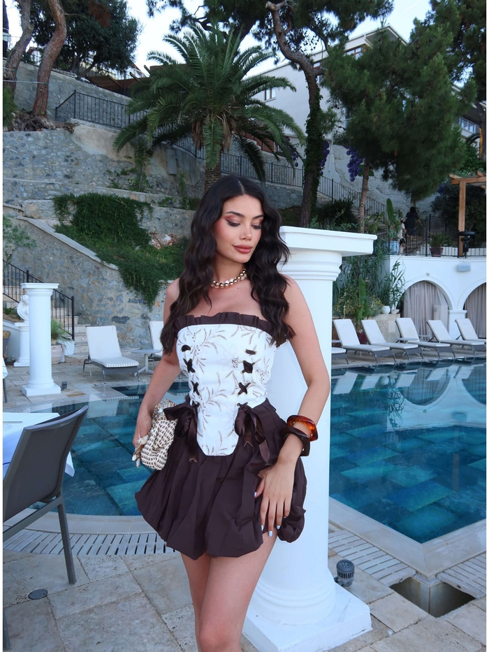Nakışlı Balon Etek Korse Bluz Takım