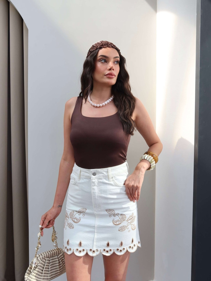 Nakışlı Mini Denim Etek