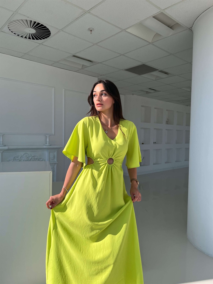Neon Sarı Bel Detay Elbise