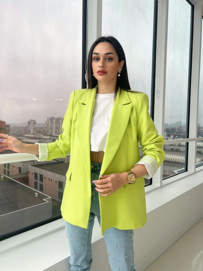 Neon Sarı Kolu Katlamalı Blazer Ceket