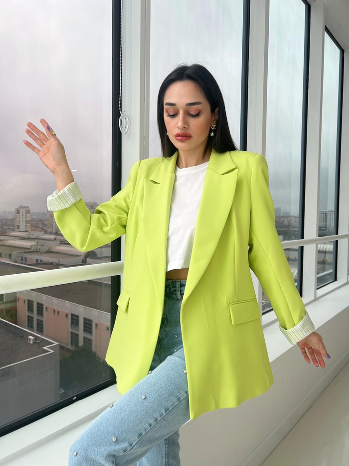 Neon Sarı Kolu Katlamalı Blazer Ceket