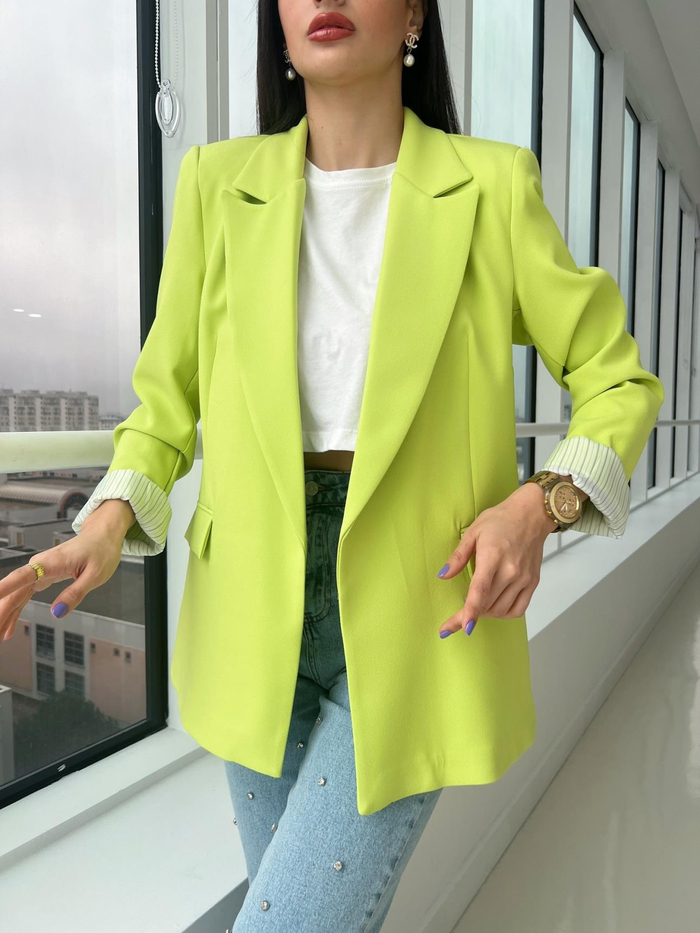 Neon Sarı Kolu Katlamalı Blazer Ceket