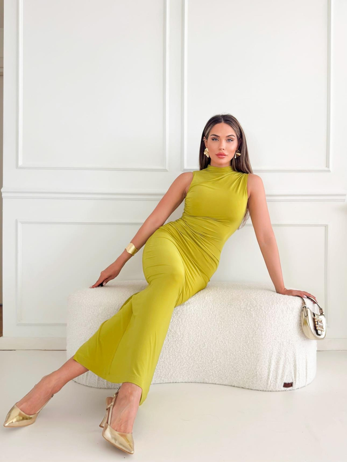 Olive Sıfır Kol Shirred Elbise
