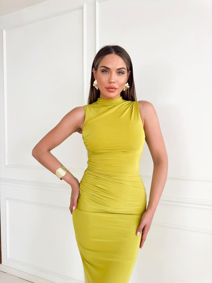 Olive Sıfır Kol Shirred Elbise