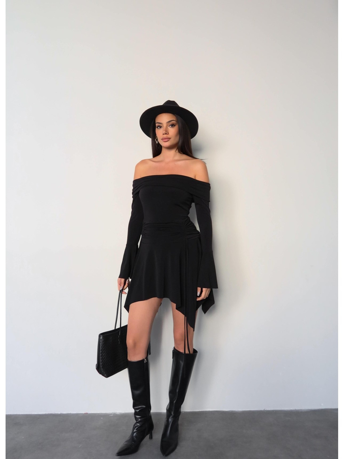 Omuz Açık Asimetrik Mini Elbise E.H Collection