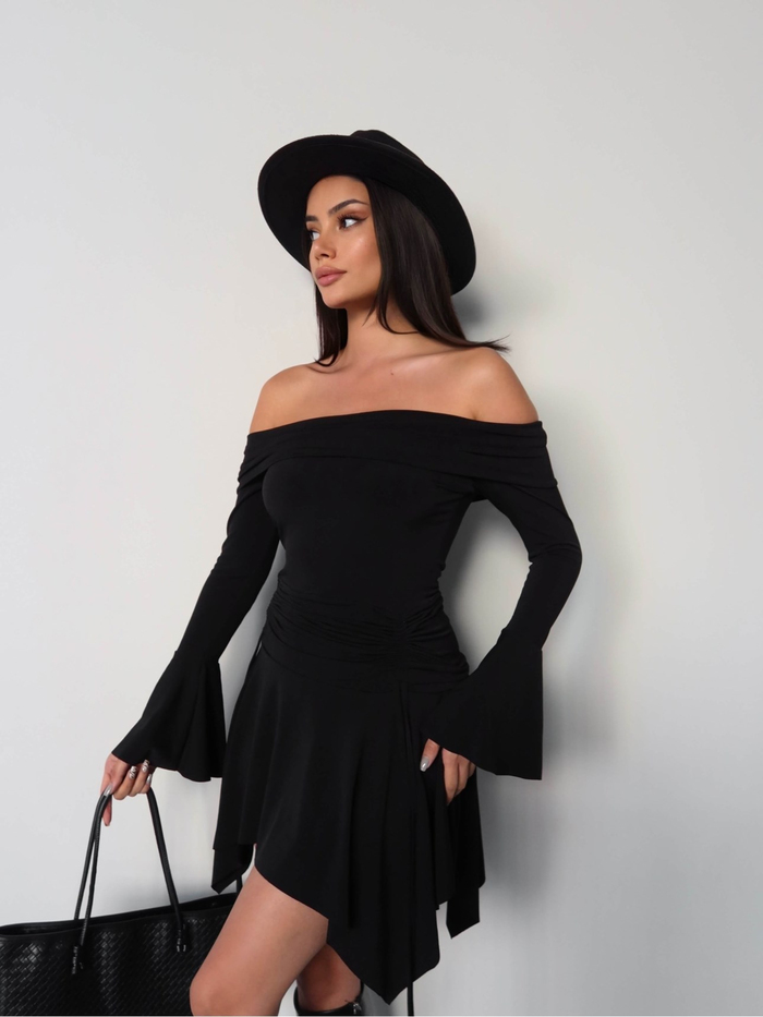 Omuz Açık Asimetrik Mini Elbise E.H Collection