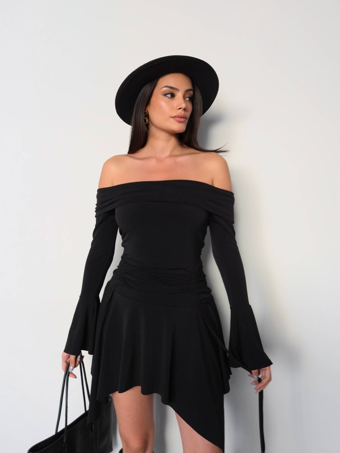 Omuz Açık Asimetrik Mini Elbise E.H Collection