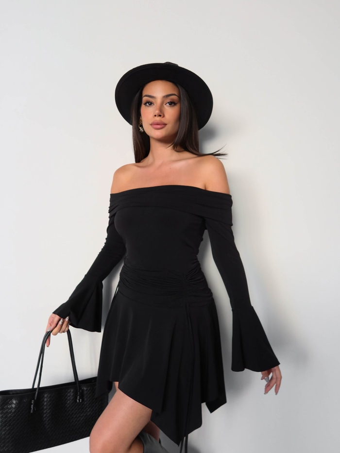 Omuz Açık Asimetrik Mini Elbise E.H Collection