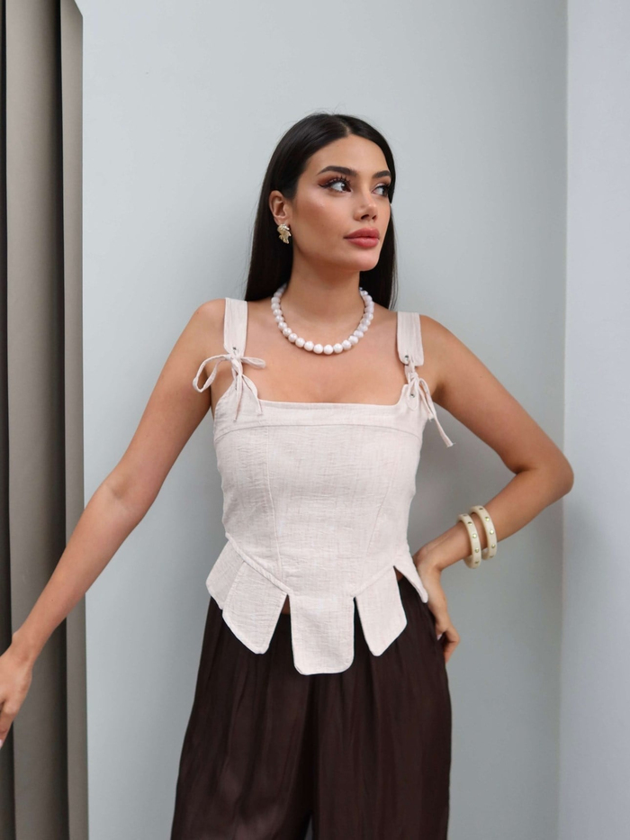 Omuz Bağlamalı Fermuar Detaylı Bluz