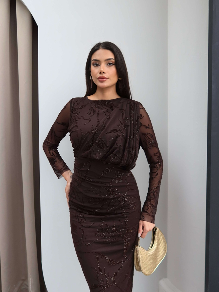 Omuz Drapeli Jakarlı Tül Elbise
