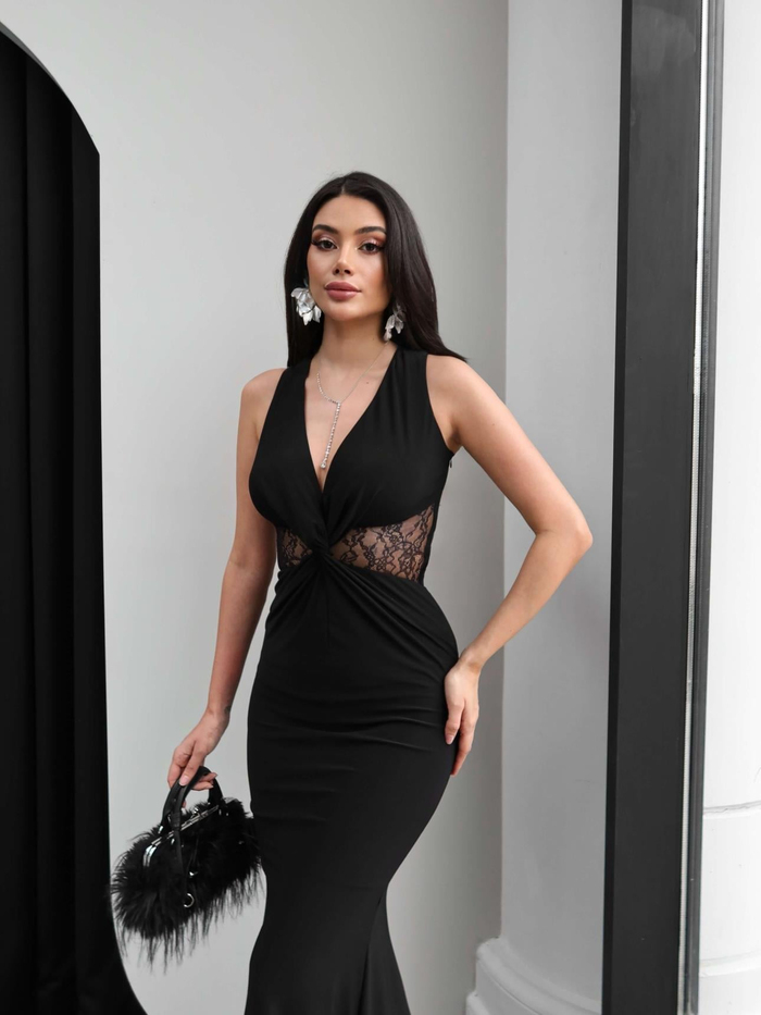 Ön Düğüm Dantelli Elbise