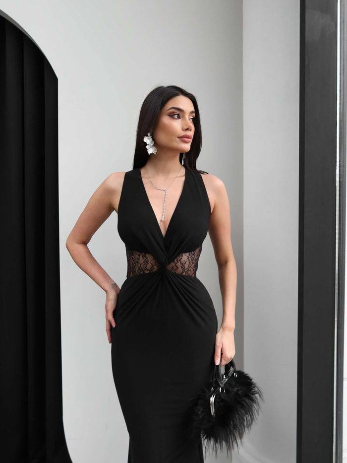 Ön Düğüm Dantelli Elbise