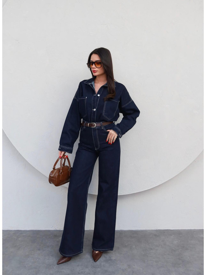 Önü Düğmeli Cepli Oversize Kot Takım